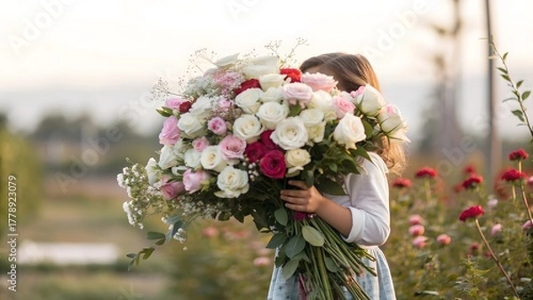 Obraz Little Girl Huge Roses Bouquet Garden Pastel Soft Light