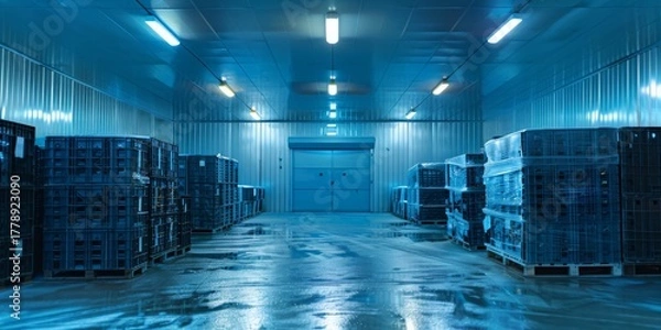 Obraz Cold storage warehouse with stacked crates and pallets