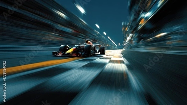 Fototapeta A formula one race car speeds across the finish line with motion blur and dynamic lighting at night