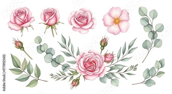 Obraz Elegant pink roses and eucalyptus botanical illustration set