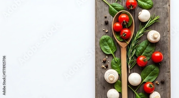 Fototapeta Fresh ingredients arranged artfully on a wooden surface