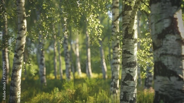 Fototapeta Birch grove in the sunlight. Trunks with white bark and green leaves. A spring or summer landscape.