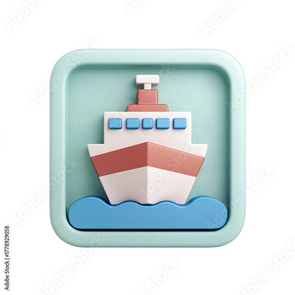 Fototapeta Square icon, light teal frame, 3D ship, pastel colors