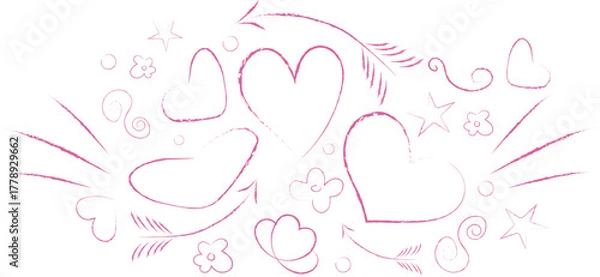 Obraz Whimsical vector doodle arrangement of hand drawn hearts, Cupid's arrows, and stars in a crayon-style pink outline, perfect as a romantic website divider or Valentine's Day graphic banner.