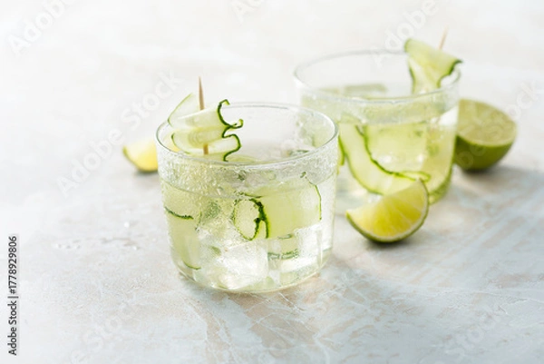 Fototapeta Refreshing drink with lime and cucumber	
