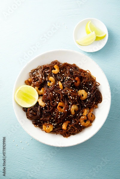 Fototapeta Shrimp noodles with lime