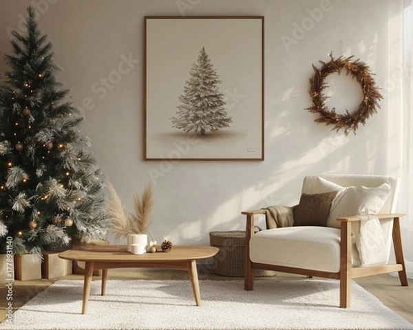 Fototapeta Minimalist Christmas wall art mockup featuring a stylized tree sketch and handwritten text