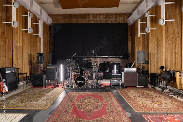 Fototapeta vintage rehearsal space prepared for musicians, cozy music studio equipped for recording