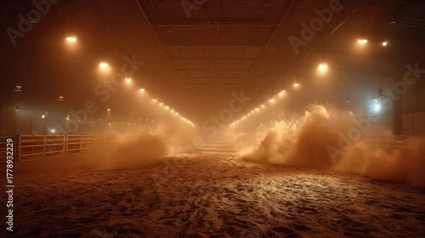 Fototapeta Empty rodeo arena with dust and dramatic lighting creating a sense of anticipation and excitement for the event