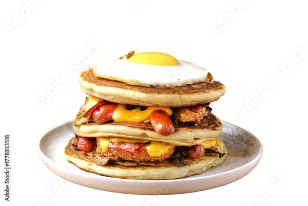 Obraz Pancake Toast Poulet pané et panko, bacon, saucisses et Œuf au plat