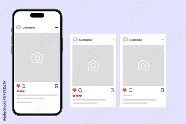 Fototapeta Smartphone displaying social media feed with engagement icons and placeholder images