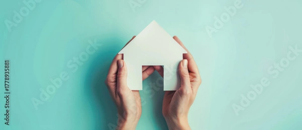 Fototapeta Pair of hands holding house shaped cutout against pastel background, symbolizing home ownership