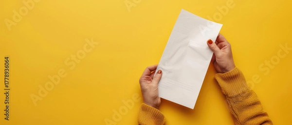 Fototapeta Person holding blank white paper envelope with both hands against bright yellow background