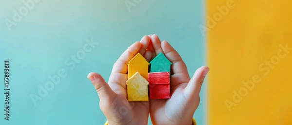 Fototapeta Colorful wooden house shapes held hands creative and playful vibrant background childlike design