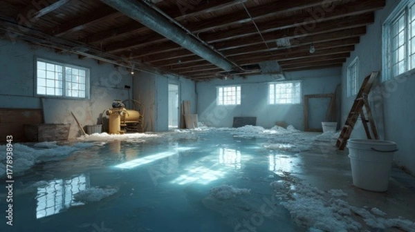 Obraz An abandoned basement is flooded with water, reflecting the light from the windows, creating an eerie and surreal atmosphere