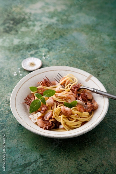 Fototapeta Spaghetti with seafood and basil