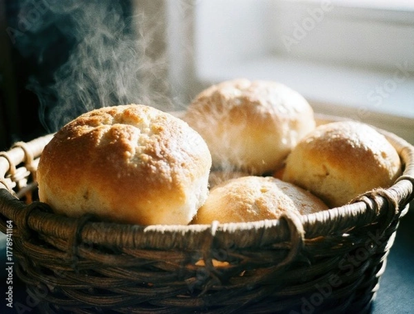 Fototapeta Freshly baked golden bread rolls steaming in a wicker basket