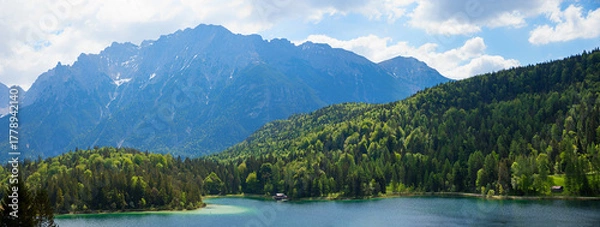 Fototapeta spring landscape lake Lautersee, green forest, view to Karwendel alps, upper bavaria