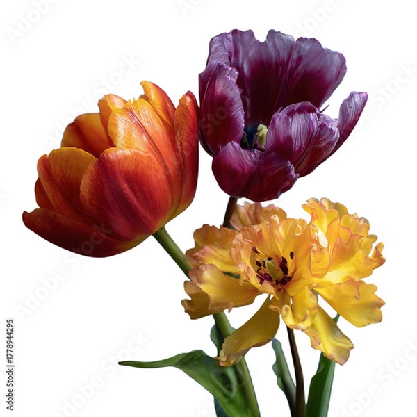 Obraz Three tulips on black background