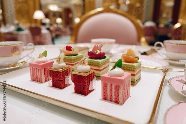 Fototapeta カラフルな赤とピンクのミニチュアショートケーキが乗った白い皿