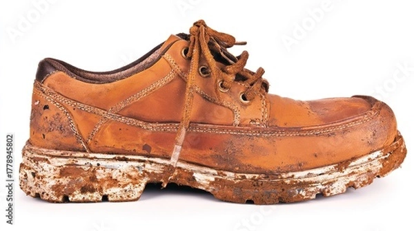Fototapeta 白い背景に泥の染みがある使い古した革の作業靴