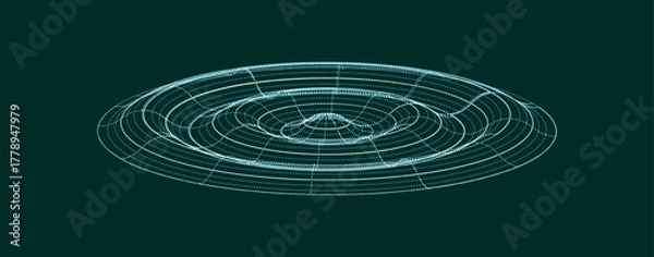 Obraz Abstract digital waveform visualization with concentric rings and interconnected lines on a dark background