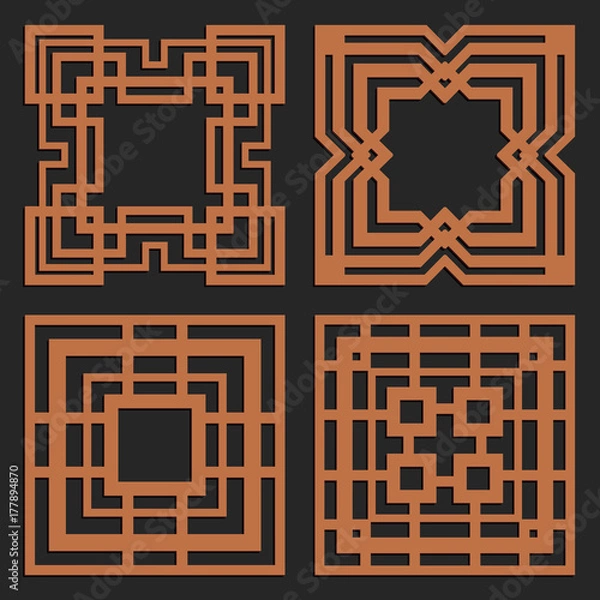 Obraz DIY laser cutting patterns. Jigsaw die cut ornaments. Art Deco cutout silhouette stencils. Fretwork square panels. Vector coasters for paper cutting, scrapbook and woodcut.