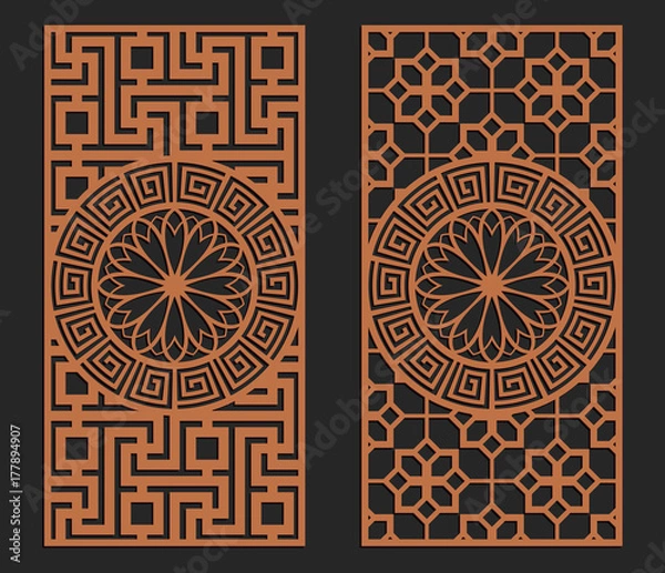 Obraz Laser cutting set. Wall panels. Jigsaw die cut ornaments. Lacy cutout silhouette stencils. Fretwork floral patterns. Vector template for paper cutting, metal and woodcut.