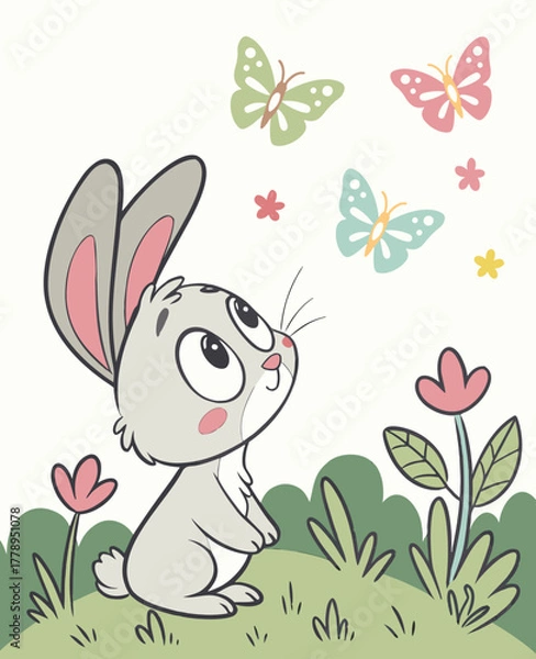 Fototapeta Cute Bunny Watching Butterflies in a Spring Meadow