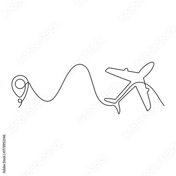 Obraz Continuous single line sketch drawing of airplane flying from maps pin pointer location.
