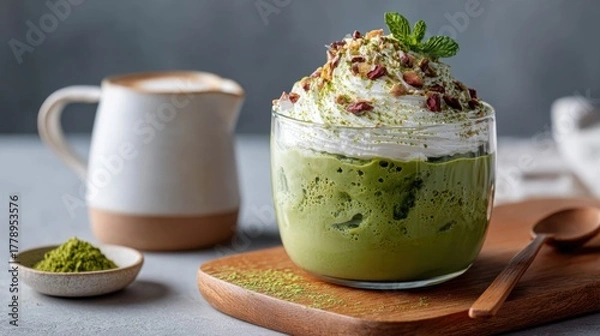 Fototapeta Glass cup of matcha pudding topped with whipped cream, red beans, and mint leaves, on wooden board with milk jug and spoon, minimal Japanese dessert setup with copy space.