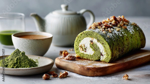 Fototapeta Slice of matcha roll cake with cream and red bean filling, matcha powder and bamboo whisk beside, elegant minimal Japanese dessert scene with soft green tones and copy space.