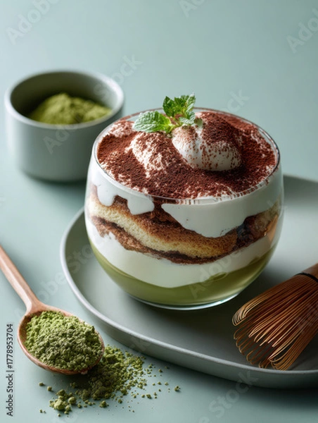 Fototapeta Glass cup of matcha tiramisu layered with cream and sponge, matcha whisk and cocoa sieve beside, elegant minimal Japanese dessert scene with green gradient background and copy space.