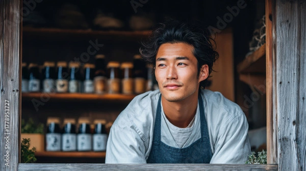Fototapeta Young Japanese man organizing sake bottles inside a small traditional shop, warm afternoon light, wooden shelves and noren curtain, capturing authentic family-run business atmosphere.