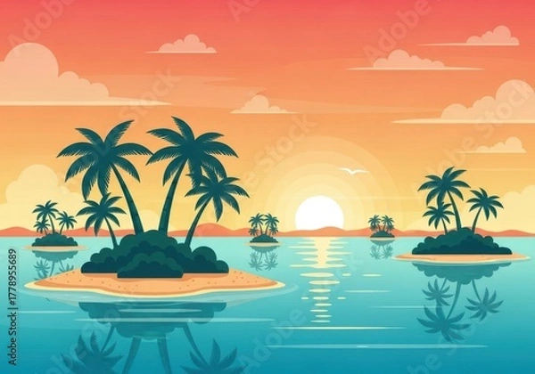 Fototapeta Vibrant tropical sunset scene with calm ocean, silhouetted palm tree islands, and a glowing sun horizon reflected