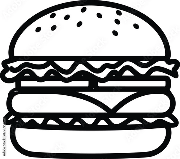 Fototapeta Delicious burger line art, cartoon hamburger with lettuce cheese and bun, fast food illustration for coloring page and kids menu design