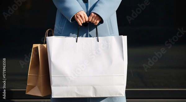 Obraz Mid-section of a woman in a stylish blue coat holding a large blank white paper bag and a brown kraft bag, perfect for shopping mockup