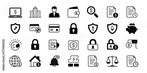 Fototapeta Black and white minimalist financial and business icons in three rows, uniform size, clean lines, grid layout, monochromatic, professional, modern, secure, banking, money, commerce.