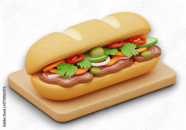 Obraz Delicious 3D Rendered Sub Sandwich on Wooden Board