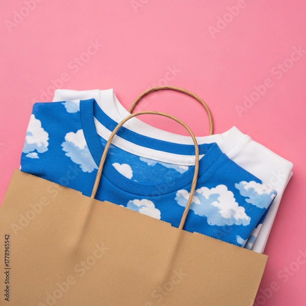 Obraz Freshly purchased colorful t-shirts with playful cloud designs peeking from a brown paper shopping bag, set against a vibrant pink background, ready for fun new outfits