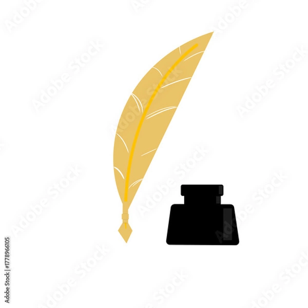 Fototapeta Elegant feather pen with classic ink pot on transparent background. Timeless writing instrument design. Minimalist artistic concept.