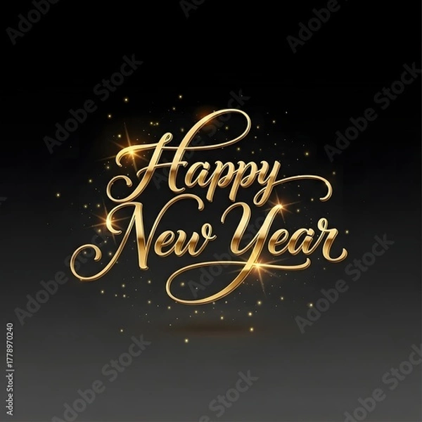 Fototapeta Happy New Year Golden Script Text on Dark Background with Sparkling Light Dust