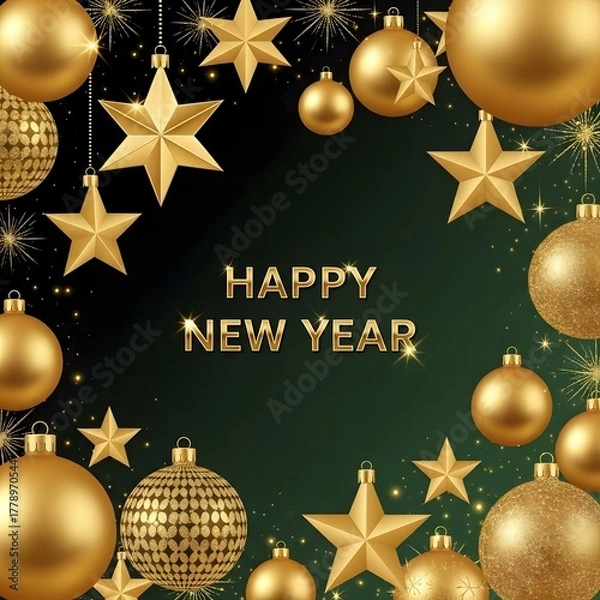 Obraz Happy New Year Gold Ornaments Stars and Baubles on Dark Teal Background with Fireworks