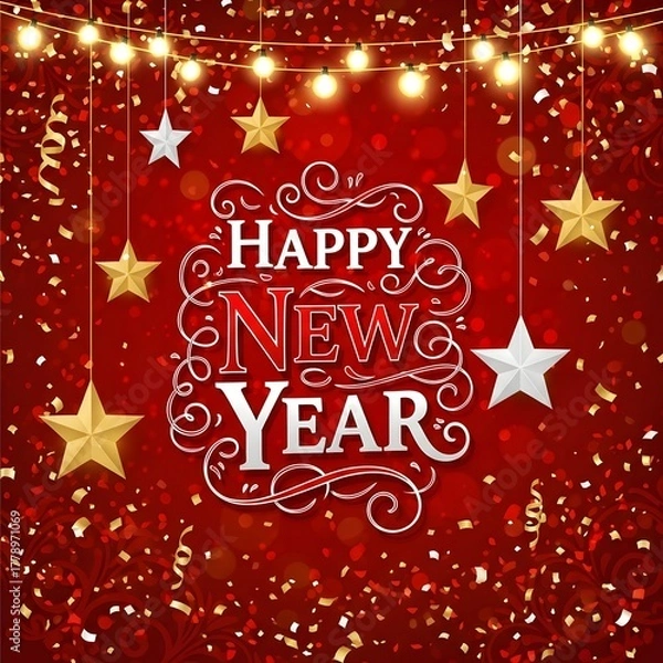 Obraz Happy New Year Celebration with Golden Confetti Red Background and Hanging Stars Festive Greeting Card Design