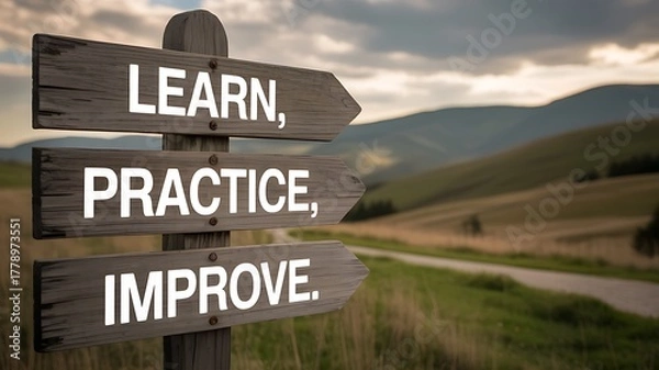 Obraz Learn, practice, improve signpost in a rural landscape to encourage selfimprovement