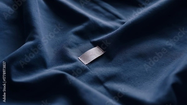 Obraz Close-up shot of a small tag on a luxurious dark blue velvet fabric