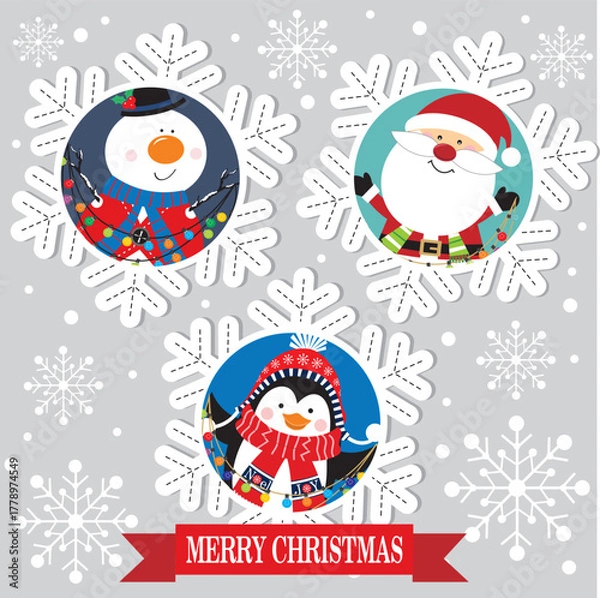 Fototapeta Christmas card with santa, snowman , penguin and snowflakes