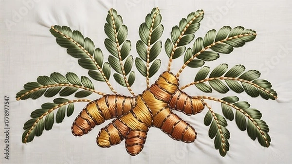Fototapeta Detailed Embroidered Turmeric Root and Leaves on White Fabric Background