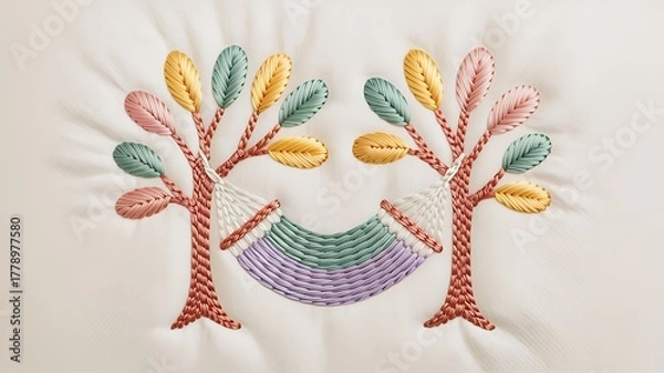 Fototapeta Embroidered artwork depicting trees and hammock perfect for textile design