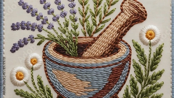 Fototapeta Hand embroidered mortar and pestle surrounded by lavender and daisies artwork